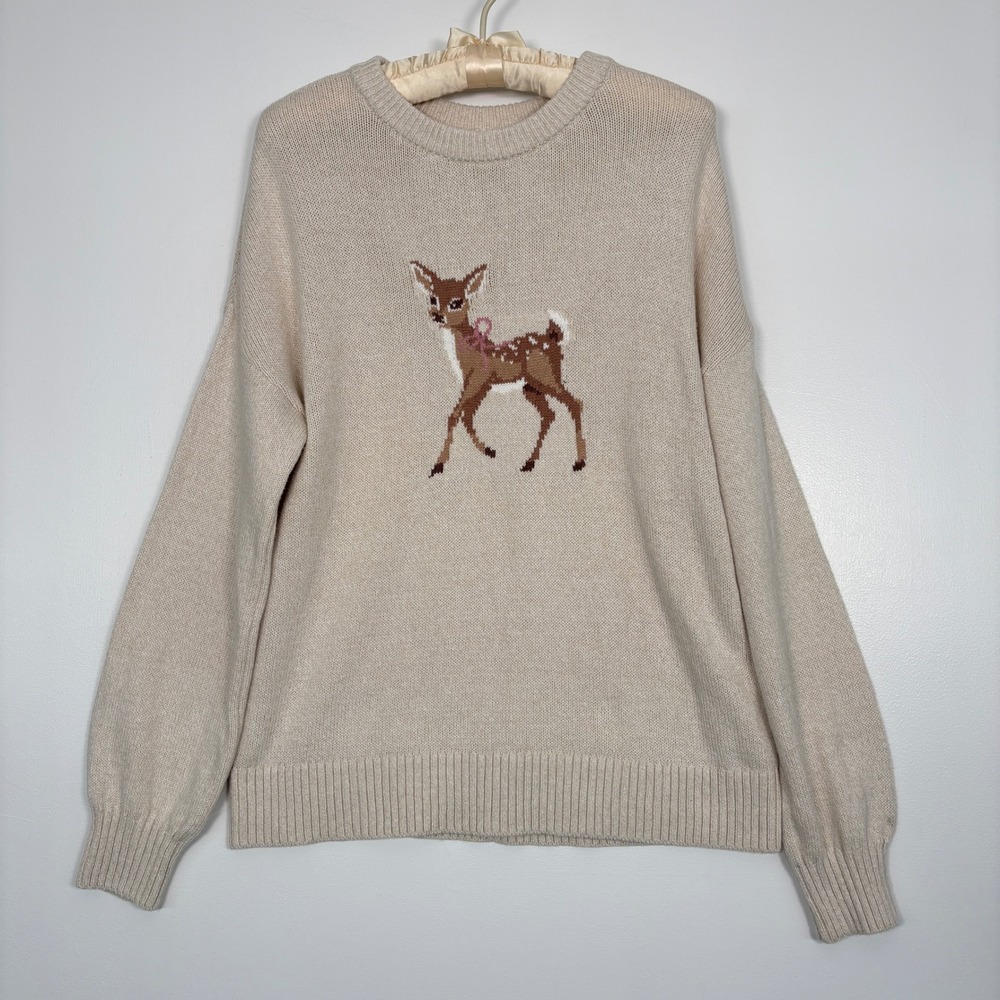 Abercrombie Kids Sweater 13/14 Beige Deer Intarsia Knit Pullover Crewneck Longsl